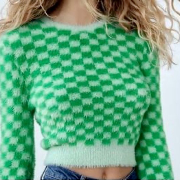 Zara Sweaters Zara Green Checkered Cropped Sweater Poshmark